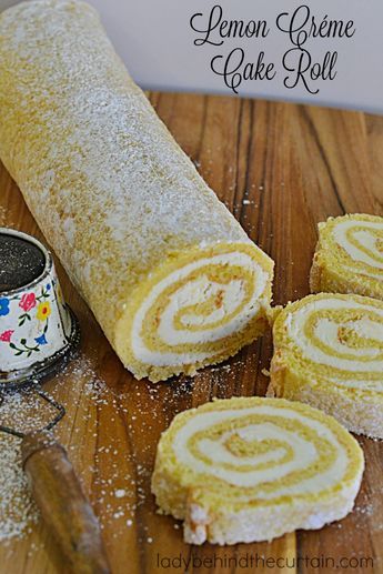 Lemon Créme Cake Roll | A light and fluffy sponge cake with a delicious easy to make lemon créme filling.  Your Holiday table, baby shower, birthday party Lemon Cake Roll With Lemon Curd, Lemon Roll Cake Recipe, Lemon Cake Roll, Lemon Creme Cake, Lemon Roll, Fluffy Sponge Cake, Table Baby Shower, Table Baby, Roll Cakes