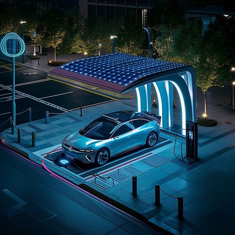 Electric Car Charging: An electric vehicle charges at a modern, eco-friendly charging station during the tranquil night hours. #electric #vehicle #charging #station #night #solar #panel #sustainable #aiart #aiphoto #stockcake https://ayr.app/l/i1a1 Car Charging Station, Charging Station Ideas, Ev Charging Station Design, Ev Charging App, Electric Car Charging Station Design, Electric Station, Solar Charging Station, Car Charging Stations, Electric Car Charger