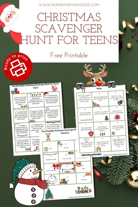 Download this free printable Christmas scavenger hunt with 12 challenging clues for teenagers. Perfect for holiday parties or family fun!#ChristmasGames #HolidayFun #ScavengerHuntForTeens Christmas Scavenger Hunt Around Town, Santa Scavenger Hunt Christmas Morning, Stocking Scavenger Hunt, Teenage Scavenger Hunt Clues, Christmas Hunt Clues, Christmas Neighborhood Scavenger Hunt, Christmas Gift Scavenger Hunt For Adults, Christmas Gift Scavenger Hunt For Teens, Adult Christmas Scavenger Hunt Clues