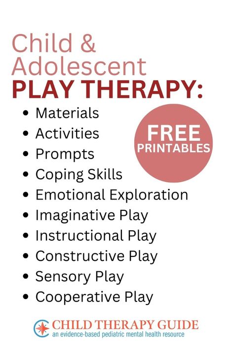 Play therapy offers a transformative pathway for children to explore their emotions, navigate challenges, and find healing through the power of imagination and creativity. Play therapy is a gentle, yet profoundly effective process that builds therapeutic rapport while nurturing overall emotional well-being. Explore: materials, activities, prompts, coping skills, emotional exploration, 5 types of play.

Visit Child Therapy Guide for recommended toys with Social-Emotional Learning (SEL) cues. 

Child Therapy Guide provides free printable PDF resources for teachers, school counselors, child therapists, and parents to support the mental and behavioral health of children and adolescents. Check out our free conversation starters, writing prompts, infographics, and therapeutic activities! Starters Writing Prompts, Parent Child Interaction Therapy, Child Therapy Activities, Sand Tray Therapy, Play Therapy Activities, Group Therapy Activities, Sand Tray, Types Of Play, Counseling Kids