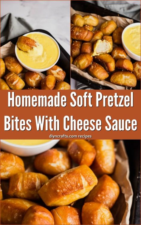 Homemade Soft Pretzel Bites With Cheese Sauce - Pretzel bites with cheese are the perfect snack or appetizer to brighten your day. Golden brown soft pretzels with a homemade cheese sauce. #recipe #food #appetizer #pretzel #bites #cheese #sauce Pretzel Bites With Cheese Sauce, Homemade Soft Pretzel Bites, Soft Pretzel Bites, Marshmallow Popcorn, Pretzel Bites Recipes, Homemade Cheese Sauce, Cheese Homemade, Homemade Soft Pretzels, Cheese Sauce Recipe