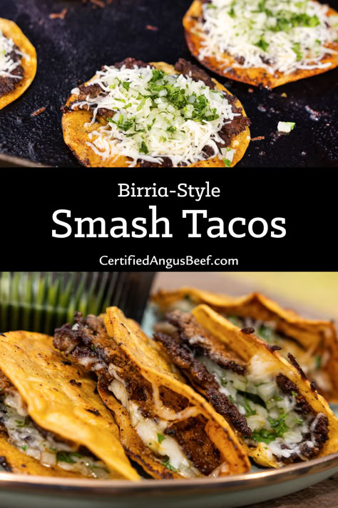 Smashing doesn’t just have to be for burgers! Let’s revolutionize taco night instead. Chef Gavin unveils the simplicity and brilliance behind crafting these Birria-style Smash Tacos. Start with #CertifiedAngusBeef 75% lean ground beef to make your tacos smashing with flavor and perfect for impressing your guests any day of the week! Hamburger Street Tacos, Best Mexican Tacos, Birria Tacos With Ground Beef, Chorizo Smash Tacos, Blackstone Tacos Ground Beef, Street Tacos Recipe Beef, Ground Beef Birria Tacos, Tacos Ground Beef, Taco Ideas For Dinner Ground Beef