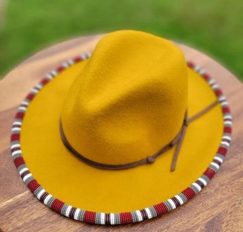 Check out Yellow beaded fedora hat with white and Red beads and free shipping worldwide, the latest item I added on eBay! #eBay #eBaySeller Native American Ribbon Work, Ladies Fedora Hat, Womens Fedora Hat, Fedora Women, Hats Cowboy, Fedora Style, Hats Summer, Fedora Hat Men, Womens Fedora