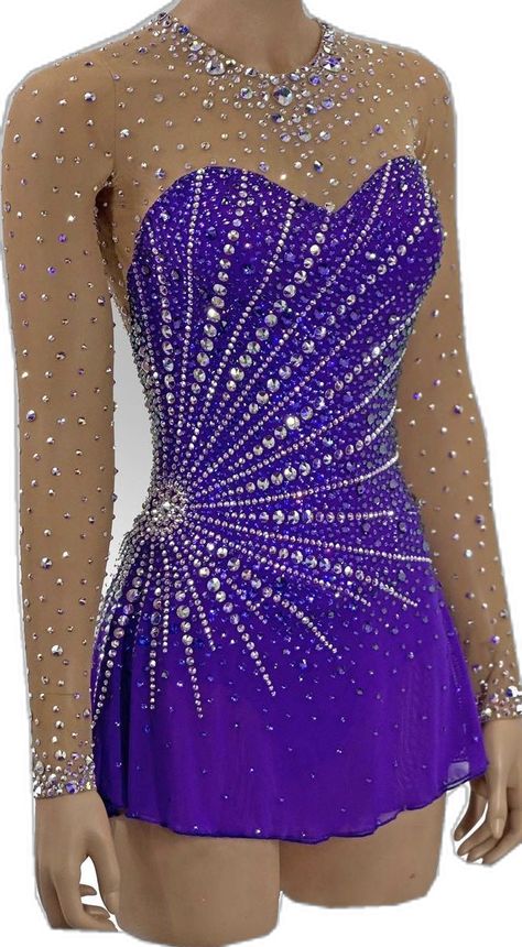 Purple Figure Skating Costume, Dress To Impress Gymnastics, Figure Skating Dresses Beautiful, Gymnastic Leotard Pattern, Majorette Outfits, Baton Twirling Costumes, Rhythmic Gymnastics Costumes, Twirling Costumes, Competition Skating Dress