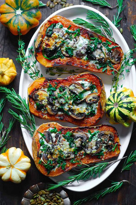 Stuffed Butternut Squash with Spinach, Mushrooms, and Cheese. Butternut Squash With Spinach, Simple Weeknight Meals, Stuffed Butternut Squash, Butternut Squash Spinach, Stuffed Butternut, Diner Ideas, Baked Butternut Squash, Baked Asparagus, Interesting Recipes