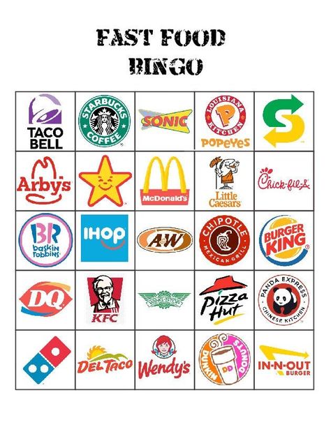 Road Trip Games! Fast food bingo is a printable game for car rides! Just cross off as you see each company or keep a tally. Scavenger hunt! Car Games Printable, License Plate Bingo, Fun Games To Play On A Road Trip, Car Games For Teens, Car Ride Games, Food Bingo, Car Ride Activities, Car Bingo, Fun Road Trip Games