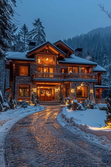 Winter Cabin Exterior Big, Christmas House Ideas Bloxburg, Big Cabin Houses, Christmas Cabin Exterior, Christmas Home Bloxburg, Snow House Aesthetic, Snowy Cabin Aesthetic, Snowy Mountain House, Winter Mountain House