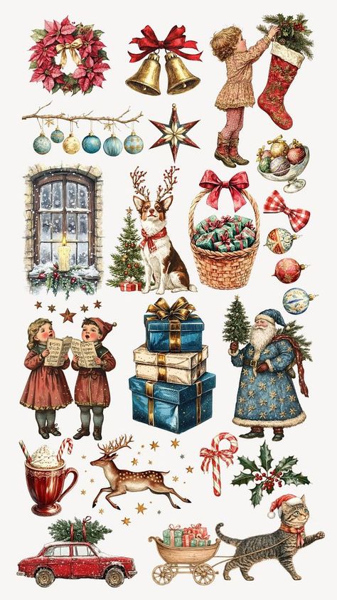 Vintage Christmas Presents Illustration, Christmas Scrapbook Paper Printable, Free Vintage Printables Christmas, Christmas Vintage Stickers, Vintage Christmas Stickers, Christmas Elements Illustration, Vintage Christmas Images Printables Free, Christmas Shuffle, Aesthetic Christmas Art