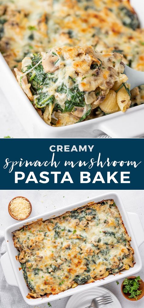 Creamed Spinach Dinner Ideas, Pasta Bake Spinach, Creamy Spinach And Rigatoni Bake, Garlic Parmesan Pasta With Spinach And Mushrooms, Cream Of Casserole, Cream Of Mushroom Uses, Baked Spinach Pasta, Baked Pasta With Spinach, Cream Spinach Pasta Recipe