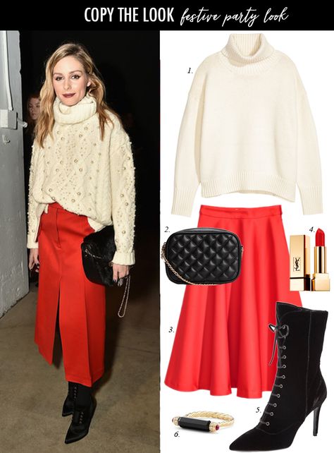 olivia palermo, red midi skirt, lace up booties, holiday party, women, outfit, dressy, christmas party, quilted bag, personal stylist, outfit idea Olivia Palermo Holiday Style, Red Slip Skirt Outfit, Red Satin Skirt Outfit, Red Midi Skirt Outfit, Satin Skirt Outfit Winter, Midi Skirt Outfit Winter, Red Satin Skirt, Red Skirt Outfits, Holiday Party Outfit Christmas