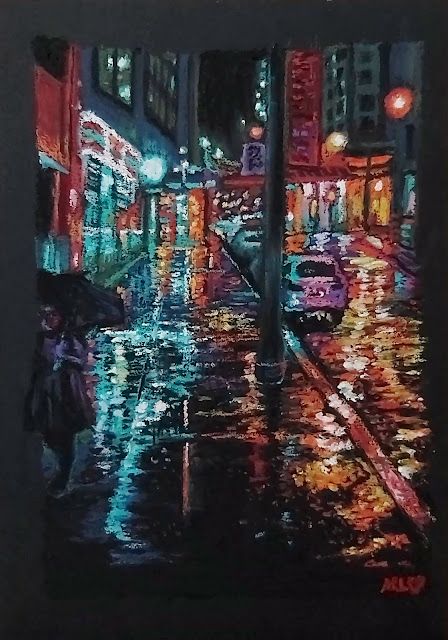 Oil Pastel Painting On Black Paper, Landscape Chalk Pastel, Black Paper Pastel Art, Oil Pastel Art Black Paper, Black Oil Pastel Art, Rain Oil Pastel, Pastel On Black Paper Drawings, Chalk Pastel Black Paper, Oil Pastel Cityscape