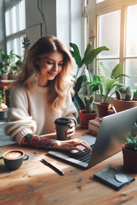 Happy business woman working on laptop in office with coffee  #woman #womanworking #businesswoman #wprime #wprimewebagency Traveling For Work Aesthetic, Female Therapist Aesthetic, Female Business Aesthetic, Perfect Job Aesthetic, Entrepreneur Aesthetic Woman, Map Photoshoot, Working On Laptop Photography, Women Working On Laptop, Woman Entrepreneur Aesthetic