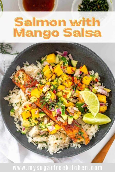 Salmon And Mango Recipes, Salmon Mango Avocado Bowl, Salmon Mango Bowl, Salmon Taco Bowl, Salmon Mango, Mango Salmon, Mango Pineapple Salsa, Salmon With Mango, Mango Salsa Salmon