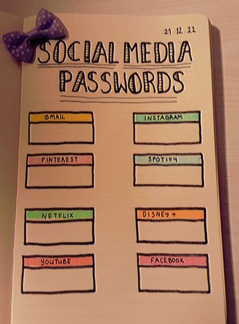 Strong Password Ideas Instagram, Diy Password Book, Bullet Journal Password Page, Social Media Passwords, 2025 Journal, Password Notebook, Password Journal, Notebook Idea, Neet Notes