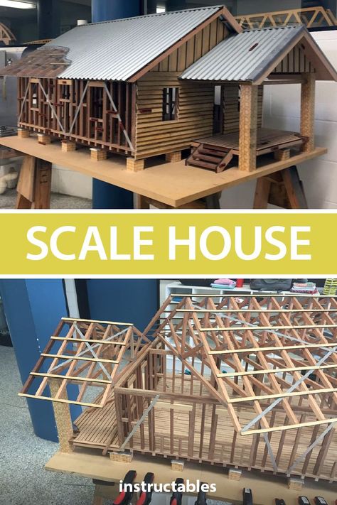 Build a model home as a teaching aide for students learning general construction. #woodworking #education #modelling #workshop Scale Model Homes, Balsa Wood Models, Timber Frame Joinery, Architectural Scale, Dollhouse Design, Scale Model Building, Homestead House, General Construction, Architecture Model House