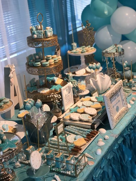 Ariel Themed Sweet 16, Under The Sea Snack Table, Under The Sea Quinceanera Theme Decoration, 50th Birthday Ocean Theme, Underwater Quinceanera Sea Theme, Ocean Sweet 16 Ideas, Coastal Sweet 16, Under The Sea Decorations Prom, Sweet 16 Under The Sea Theme