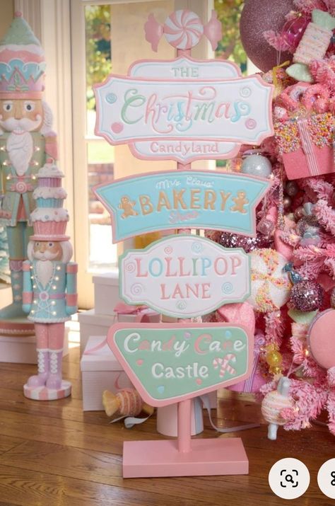 Land Of The Sweets Decorations, Winter Candyland Theme, Santa’s Sweet Shop, Candyland Holiday Decorations, Christmas Pastel Colors, Fairytale Christmas Decor, Winter Candy Land Christmas Decorations, Pink Candyland Christmas, Candy Theme Decor