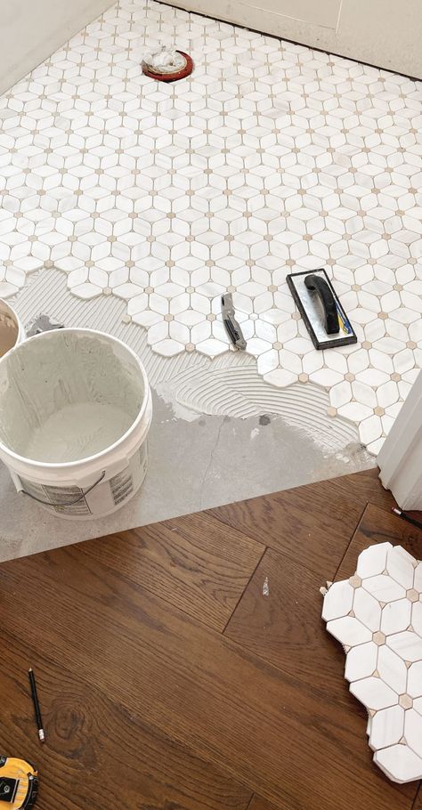 Matching Kitchen And Bathroom Flooring, Small Bathroom With Chandelier, Neutral Master Bath Tile, Diy Bathroom Floor Remodel, Floor And Decor Tile Bathroom, Flower Mosaic Tile Bathroom, Geometric Floor Tiles Bathroom, Neutral Floor Tile Bathroom, Earthy Tile Bathroom