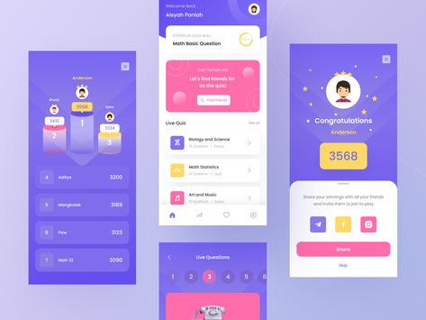 Quiz Mobile App UI by Dimo.ui on Dribbble Quiz Design Ideas, Quiz Game Ui, Quiz App Ui, Ux Design Mobile, Web Design Typography, Quiz Design, Ux Mobile, Alphabet Wallpaper, Mobile Ui Design