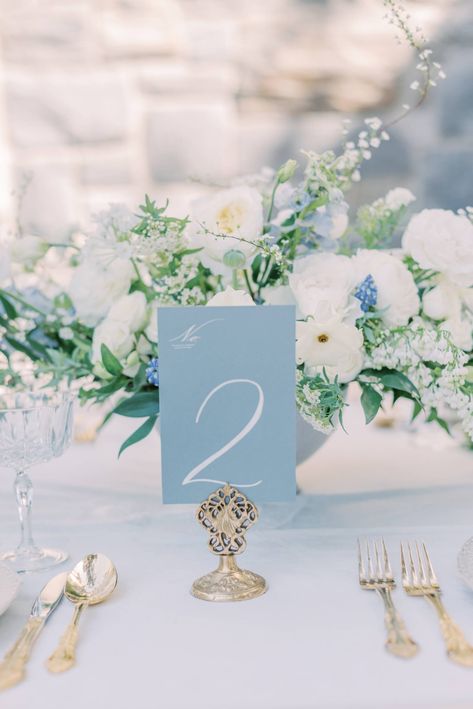 Williamsburg Wedding Virginia, Flowers For Blue Wedding, Dusty Blue Wedding Stationery, Wedding With Light Blue Accents, Dusty Blue Place Cards, French Coastal Wedding, Blue Southern Wedding, Blue And White Wedding Florals, Wedding Decor Blue And White