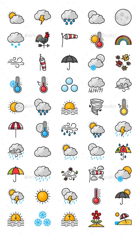 Weather. Fully customisable set of icons. #icon #design #art #digitalArt #autumn #AutumnLeaves #celsius #clouds #cock #fahrenheit #hailstone #hurricane #moon #rain #RainStorm #rainbow #RainyDay #snow #SnowFall #snowflakes #storm #SunnyDay #sunrise #sunset #temperature #thunder #umbrella #weather #wind #WindDirection Weather Drawings Ideas, Cute Weather Icons, Temperature Drawing, Weather Emoji, Weather Template, Weather Drawing, Weather Doodles, Weather Journal, Weather Illustration