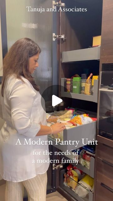 Tanuja and Associates on Instagram: "⚖️A well-designed pantry is essential for a functional and organized kitchen. 

Modern pantry units, with features like pullout drawer racks and stacked racks attached to the door (as shown here), make it easy to access and organize your items. 

👇Here are some things to keep in mind while designing modern pantries, to make sure all your groceries and kitchen essentials are safe, accessible, and organized. 

1️⃣ Design for Accessibility: Incorporating modular designs (pullout drawers, rotating racks etc.) to ensure every item is within easy reach, reducing the need to dig through shelves.

2️⃣ Material Selection: We opted for profile shutters with fluted glass for a contemporary look and veneer finishes for a touch of warmth. These materials are not on Pantry Units In Kitchen, Pantry Unit Kitchen Modern, Profile Shutter Kitchen, Modern Pantries, Pullout Pantry Organization, Pantry Unit Design, Reach In Pantry Design, Pantry Unit Kitchen, Pantry Pullout