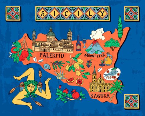 Illustrated map of the Italian island of Sicily. Travel and attractions_01 Siracusa Sicily, Noto Sicily, Sicily Travel, Wine Map, Colosseum Rome, Pictorial Maps, Verona Italy, Italy Map, Venice Travel