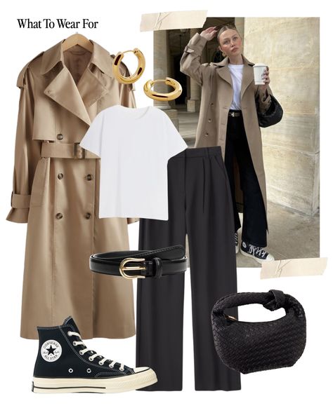 Cotton Rich Longline Trench Coat curated on LTK Converse And Trench Coat Outfit, Look Trench Coat, Trench Coat Outfit Work, Fall Outfits Trench Coat, Outfit Trench Beige, Trench Coat Casual Outfit, Camel Trench Coat Outfit, Trench Coat Winter Outfit, Styling Trench Coat