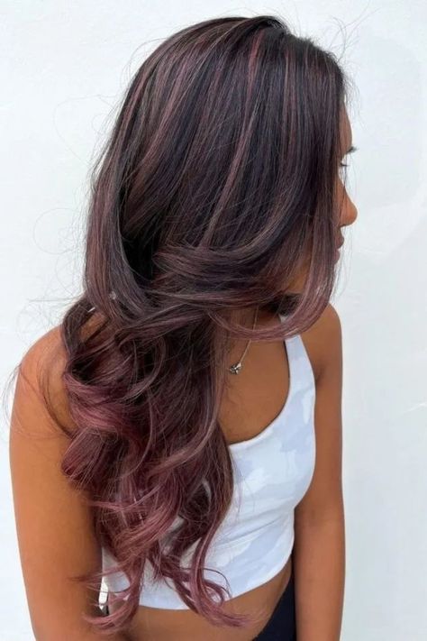 Gold Rose Highlights In Black Hair Black Hair Pink Highlights, Highlights In Black Hair, Rose Gold Hair Balayage, Rose Highlights, Rose Gold Hair Brunette, Pink Hair Highlights, Rose Pink Hair, Pink And Black Hair, Dark Fall Hair