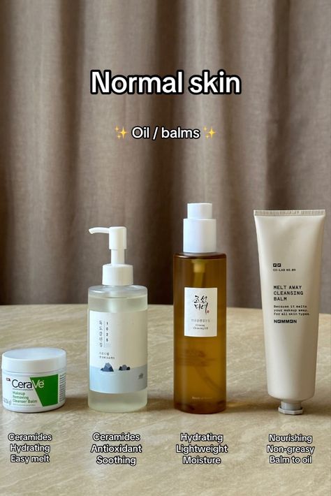 oil and balm cleansers for dry/ sensitive and normal skin types. hydrating, easy melt, nourishing, lightweight, dry skin, calming and  repairing. ceramides, antioxidant, soothing, moisture, non-greasy and balm to oil. Best Oil Cleanser For Dry Skin, Cleanser For Normal Skin, Skin Care For Normal Skin, Normal Skin Care, Different Skin Types, Normal Skin Type, Basic Skin Care Routine, Oil Cleanser, Cleansing Balm