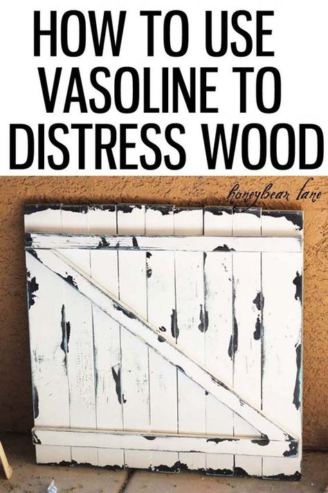 How to use Vasoline to distress wood. Interesting idea! From honeybearlane.com. Distress Wood, Distressing Painted Wood, Diy Wall Shelves, Learn Woodworking, Distressed Furniture, Health Knowledge, Wood Pallet Projects, Distressed Painting, Old Door