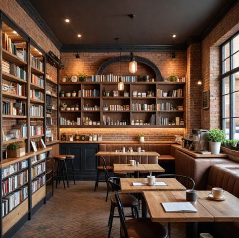 Cozy Bookshop Cafe, Coffee Shop Library Aesthetic, Cozy Book Store Cafe, Bookshop Cafe Aesthetic, Library Cafe Aesthetic, Traditional Coffee Shop, Romance Bookstore, Coffee Shop Bookstore, Bookstore Coffee Shop