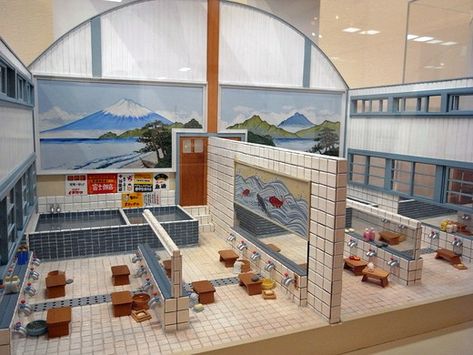 Japanese Public Bath, Japanese Bath House, Japanese Miniature, Japanese Bath, Public Bath, Doll House Crafts, Scenic Design, House Drawing, Miniature Houses