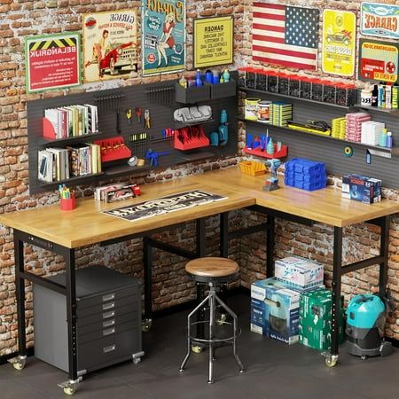 Garage Table Ideas, Hobby Desk Work Stations, Work Bench Ideas, Rental House Decorating, Workbench On Wheels, Workbench With Storage, Wood Work Bench, Industrial Workbench, Workshop Office