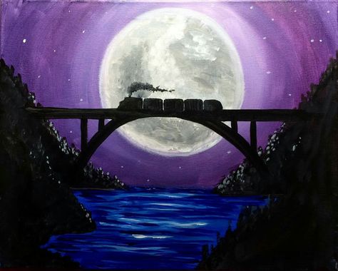 Midnight train Train Painting, Midnight Train, Water Jar, Paint Nite, Paint Night, Woodland Hills, Canvas Painting Diy, Paint And Sip, Night Painting