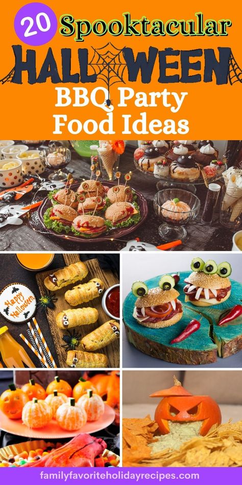 These spooktacular BBQ food ideas are perfect for your Halloween party! From meat and sandwiches to appetizers, sides, and desserts, we've got you covered for a frightfully fantastic party! Halloween Bbq Food Ideas, Bbq Halloween Food, Side Dish Halloween Party, Halloween Party Food Main Dish, Halloween Grilling Ideas, Halloween Party Main Dish Ideas, Halloween Party Main Dish, Easy Halloween Party Food For A Crowd, Halloween Bbq Food