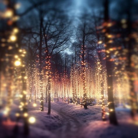 Winter forest with snow covered trees and fairy lights Outdoor Winter Party, Enchanted Winter Forest, Forest With Snow, Winter Garden Party, Ice Kingdom, Winter Celebration, Forest Light, Christmas Forest, Snow Fairy