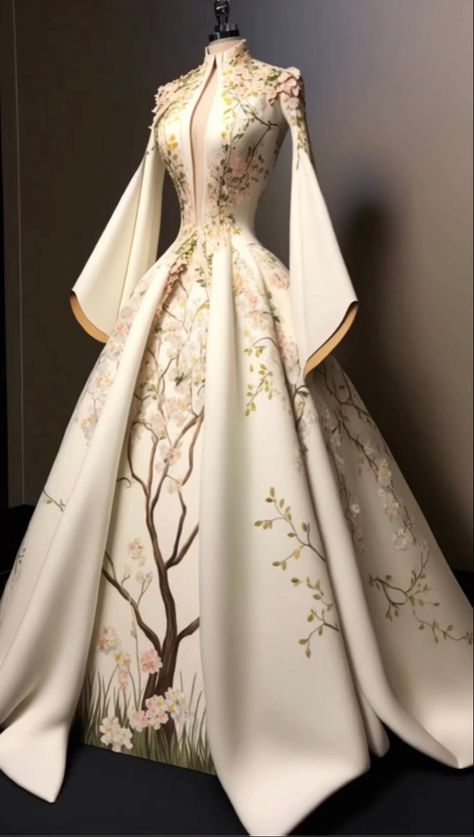 ACOTAR Spring Court inspired gown Acotar Winter Court Dresses, Acotar Clothing, Acotar Costume, Acotar Dresses, Acotar Outfits, Fairytale Outfits, Long Sleeve Wedding Dress Simple, Celestial Dress, Spring Court