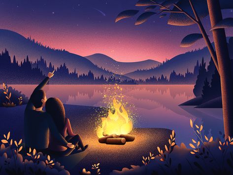 Night Time by Krestovskaya Anna #fire #forest #graphicdesign #illustration #lake #mountain #nature #night #GraphicArt 1366x768 Wallpaper Hd, Night Illustration, Posca Marker, Couple Illustration, Animated Love Images, Love Illustration, Cute Couple Art, Landscape Illustration, Romantic Art