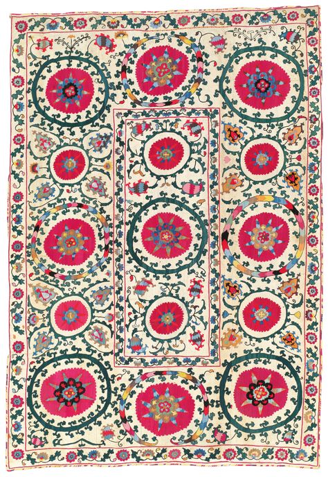 A SUSANI | SAMARKAND, UZBEKISTAN, 19TH CENTURY | Textiles & Costume, Uzbekistan | Christie's Samarkand Uzbekistan, Suzani Rug, Asian Textiles, Art Exhibitions, Antique Textiles, Silk Embroidery, Illustration Artists, Rugs And Carpet, Textile Patterns