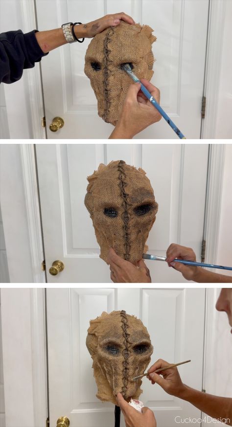 Let me show you how to make a scarecrow mask with some burlap and other cheap supplies like raffia for an easy, cheap, last minute scary Halloween look. #halloweencostumeDIY #DIYhalloweenmask #homemadehalloween Diy Scarecrow Mask Burlap, Making A Mask Diy, Scary Ideas For Halloween, How To Make Scarecrows, Paper Mache Halloween Diy, Scarecrow Mask Diy, Easy Scarecrow Ideas, Scarecrows For Halloween, Diy Outside Halloween Decorations