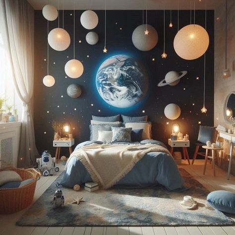 Astronomy Bedroom, Space Theme Bedroom, Theme Bedroom Ideas, Boys Space Room, Outer Space Room, Bright Kids Room, Bedroom Ideas For Kids, Space Themed Bedroom, Space Themed Room