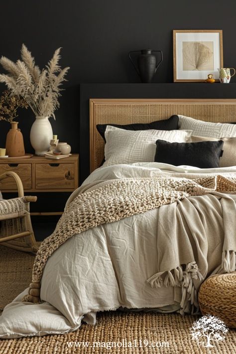 Create a cozy haven with black walls and warm neutral tones. Explore ideas on using beige bedding, wooden furniture, and soft throws to balance the dark walls and add warmth to your bedroom. Ideal for a comforting and stylish retreat! 🌿 Visit our website for 20 additional ideas! Click now! Bedroom Decor Ideas Wooden Bed, Bedroom Ideas Small Room Cozy, Black Wall Wood Headboard, Black White And Brown Bedroom Ideas, Dark Toned Bedroom, Modern Neutral Bedroom Ideas, Black Taupe Bedroom, Beige And Black Room Bedroom, Cream Black Bedroom Ideas