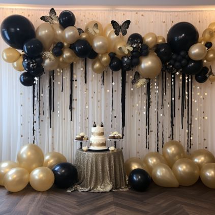 #event planning, #party ideas Birthday Decor Gold And Black, Black Gold And Silver Graduation Party, Black Theme Decoration, Elegant Party Backdrop, Balloon Decorations For 50th Birthday, Black And Gold Themed Graduation Party, Graduation Home Party Ideas, Black And Golden Theme Birthday Party, Black And Gold Party Decorations Simple