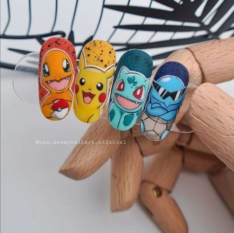 Charmander Nail Art, Video Game Nail Designs, Pokemon Nail Art Designs, Nail Art Characters, Cartoon Nails Disney, Cartoon Nail Art Designs, Easy Easter Nails, Pokemon Nail Art, Pikachu Nails