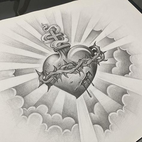 SACRED HEART ✍🏽 Appointments 📩juniorbanda87@gmail.com 📌 CHICANO STYLE @mexicanstyle_art #sullenclothing #mexicanstyle_art #sacredheart… Chest Tattoo Sketches, Acab Tattoo, Sacred Heart Tattoo, Cloud Tattoo Design, Sacred Heart Tattoos, Heaven Tattoos, Half Sleeve Tattoos Drawings, Chicano Tattoo, Heart Tattoos