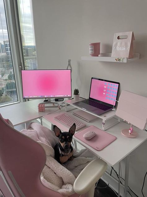 50 Shades of Pink | My pink desk setup 💕 | Facebook Pink Work Desk Aesthetic, Pink Organization Aesthetic, Macbook Office Setup, Girly Workspace, Pink Office Setup, Pink Work Space Aesthetic, My Melody Gaming Chair, Tech Apartment, Girly Office Ideas Workspaces