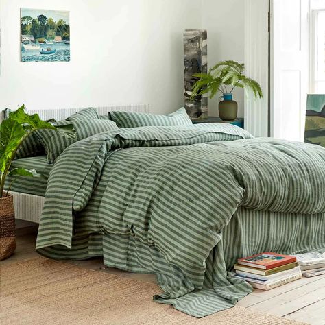 Piglet In Bed, Stripe Bedding, Striped Bedding, Linen Duvet Cover, Linen Duvet Covers, Deck Chairs, Pine Green, European Linens, Linen Duvet