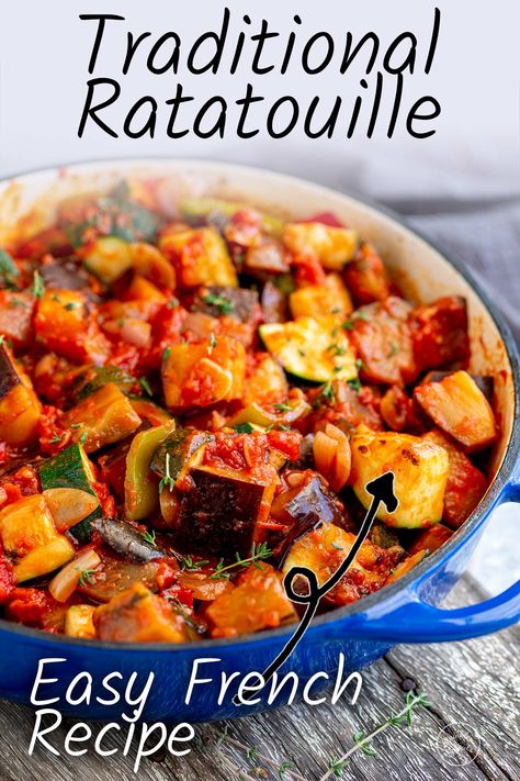 This Easy French Ratatouille is a rich and delicious vegetarian dish full of flavors and is perfect for serving as a main or a side. Making ratatouille is not as difficult as it may seem. This classic French dish is easy to make and is a great way to use up some of those summer vegetables. Plus, the recipe is so flexible! You can adapt it depending on the availability of ingredients or to suit your family's tastes. A simple dish perfect for late summer! Ratatouille No Eggplant, Grilled Ratatouille Recipe, Dinner Ideas French, Authentic Ratatouille Recipe, Easy Ratatouille Recipe Simple, Simple French Recipes Dinners, Simple Ratatouille Recipe, Vegetable Heavy Recipes, Ratouille Recipe Veggies