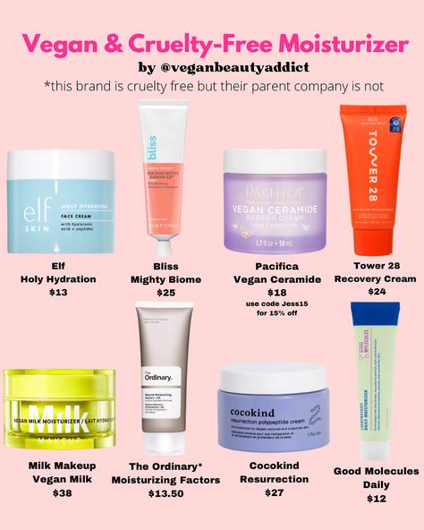 CRUELTY-FREE & VEGAN MOISTURIZER 🐇🌱 I asked what you would like to see and I got a lot of requests for more skincare and moisturizers!! These are some of my personal favorites and a few that I know a lot of people love! What are your favs? #veganskincare #crueltyfreeskincare #elfcosmetics #skincare #drugstoreskincare #sephora #crueltyfree #veganbeautyreview #vegansofig #tower28 #pacificabeauty #ulta #veganbeautyaddict #cocokind #veganmakeupshare #crueltyfreemakeup Cruelty Free Skincare, Vegan Vegan Cruelty Free Skincare, Vegan And Cruelty Free Skin Care, Cruelty Free Skin Care Routine, Cocokind Skincare, Vegan Skincare Routine, Vegan Skincare Products, Korean 10 Step Skin Care, Dry Brushing Skin, Cruelty Free Products